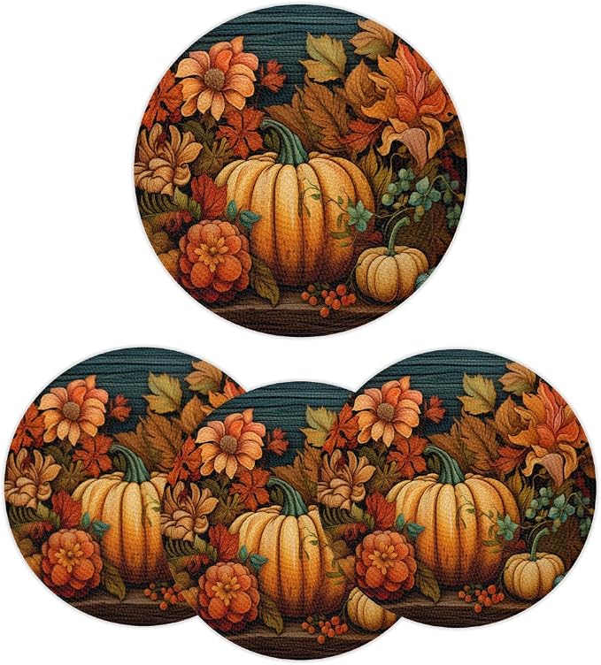 Round Placemats Set of 6, Autumn Pumpkin Sunflowers Leaves Woven Placemats Mats Non-Slip Heat Resistant Washable Table Mats Round Braided Place for Farmhouse Kitchen Dining Party Decor 15in