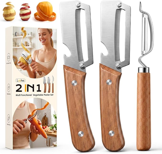3-Pack Multi-Functional Vegetable Peeler for Kitchen, Ultra Sharp Stainless Steel Fruit & Potato Peelers with Ergonomic Wood Handle for Apple, Carrot, Cucumber, Pumpkin & Everyday Cooking