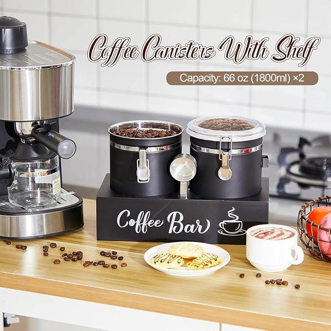 Maxcheck 2 Pcs 66 oz Coffee Sugar Canisters with Shelf & Scoop, Easter Gifts Airtight Stainless Steel Container with Lids, Home Kitchen Food Storage Jars for Grounds, Beans, Tea, Cereal(Black)