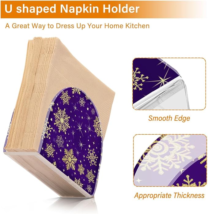 Winter Violet Purple Gold Snowflakes Christmas Napkin Holder for Tables Paper Cocktail Napkin Holders for Kitchen Dinning, Acrylic Dinner Napkin Dispenser for Restaurant Home Decor Bar Accessories