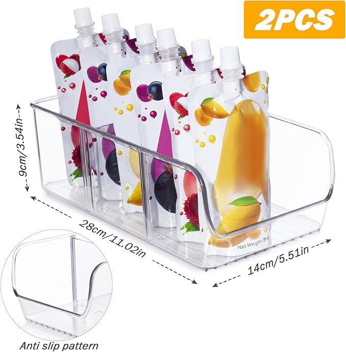 Snack Containers for Pantry, 2PCS 11x5.5x3.5 Snack Storage with Removable Dividers, Clear Plastic Bin, Stackable Organizer for Office, Fridge, Cabinet, Kitchen Containers