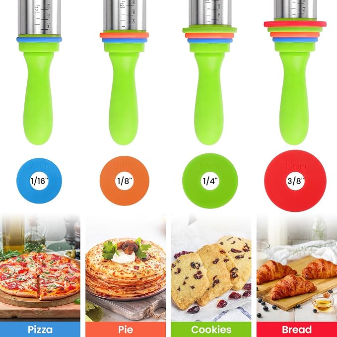 Stainless Steel Dough Roller Pins with Handle for Baking, Adjustable Rolling Pin with Thickness Rings for Cookie Decorating, Kitchen Baking Essential Tools for Fondant Cake Baker Pizza Cookie