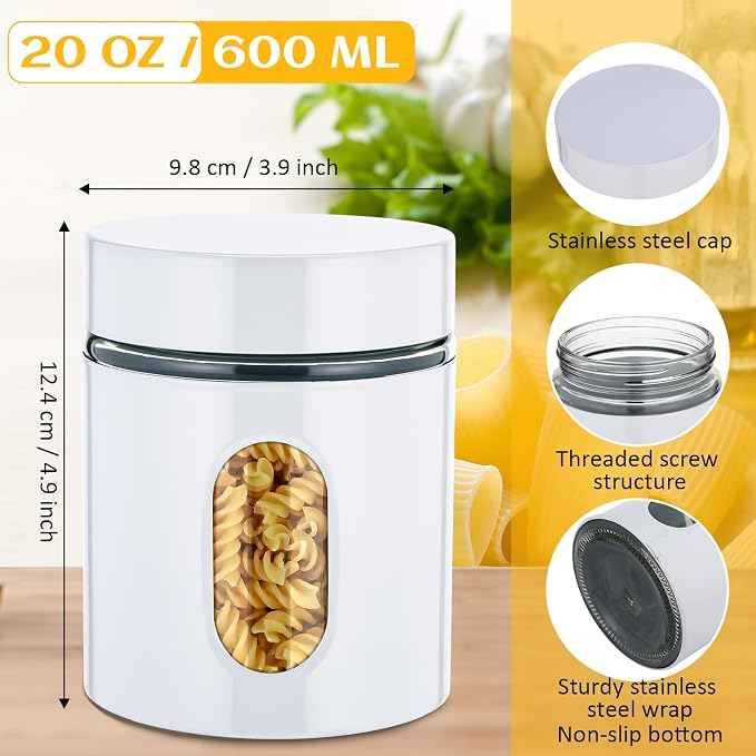 Mimorou 6 Pack Kitchen Canisters Set Airtight Coffee Sugar Tea Storage Jars with Window Glass Stainless Steel Containers with Lids for Flour Cookies Spices Grains Kitchen Decorations(White,20 oz)