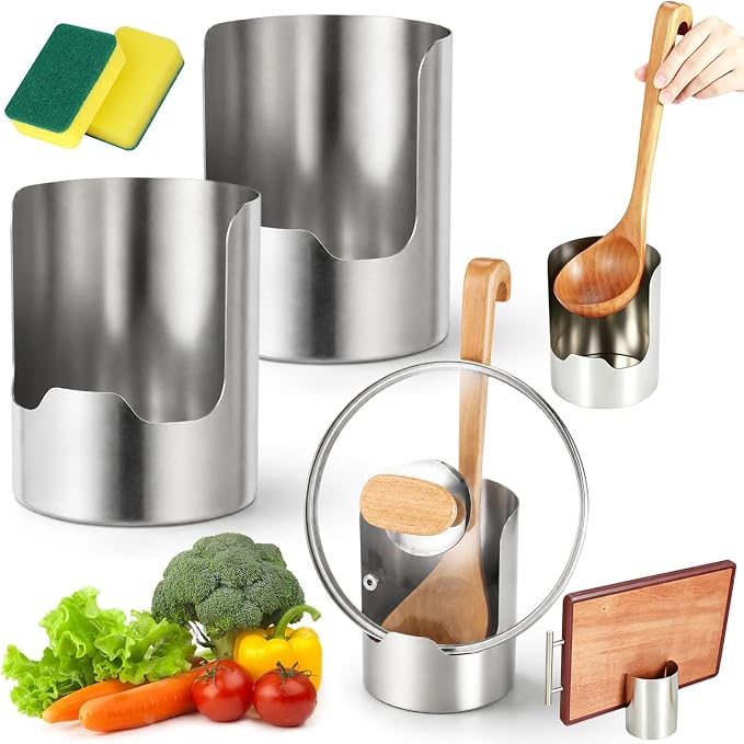 Multi-functional Kitchen Utensil Holder, Stainless Steel Cooking Utensil Holder for Countertop, Space-Saving Vertical Spoon Spatula Organizer for Pot Lids, Ladles, Spatulas & Cutting Boards (2Pcs)
