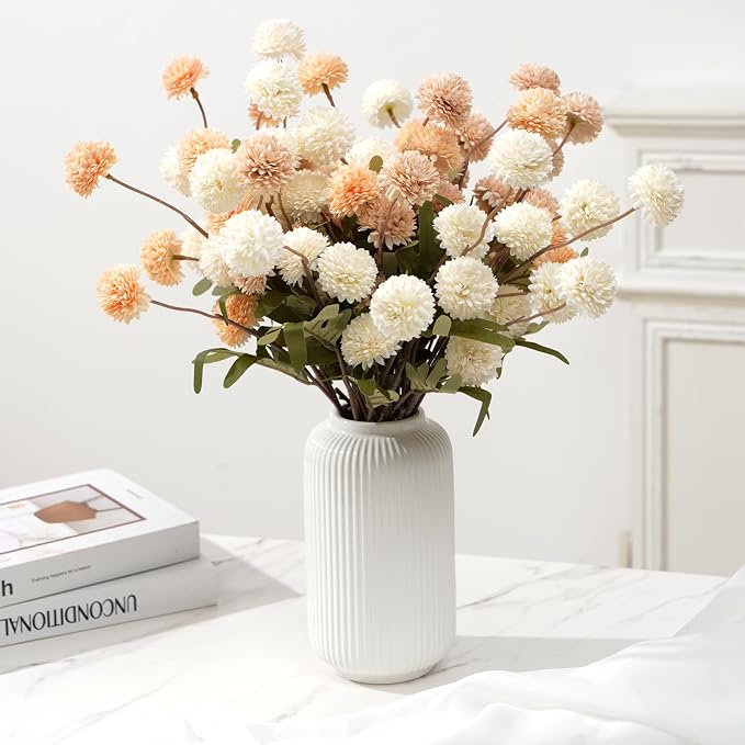 trytuny Fake Fall Flowers for Vase, Faux Silk Kiku Mums, Artificial Pom pom Floral Bouquets Indoor Centerpiece Office Coffee Table Boho Home Decorations (9, Mixed Cream)
