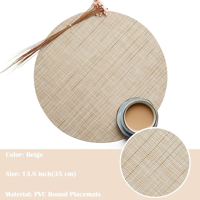 Round Placemats Set of 4 Woven Table Mats Washable Non-Slip Place Mats 13.8 Inch for Christmas Decoration Home Wedding Party,Beige