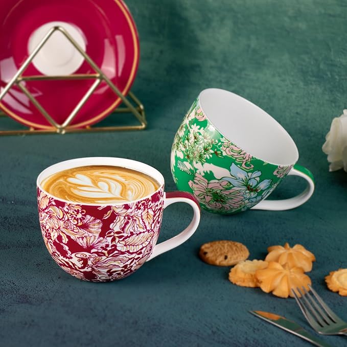 KAMMAK Coffee Mugs Ceramic Tea Cups Set of 2, 15 oz Porcelain Espresso Cups with Handle Large Novelty Mugs for Cappuccino, Latte, Americano, breakfast cereal, Hot Cocoa (Red + Green)