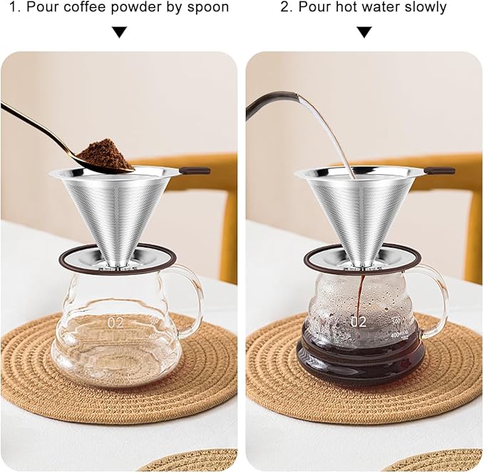 FACIACC Pour Over Coffee Dripper, Professional Stainless Steel Coffee Filter, Paperless and Reusable, Upgraded Double Micro Mesh Filter with Spoon and Silicone Tray, Cleaning Brush (1-2 Cup)
