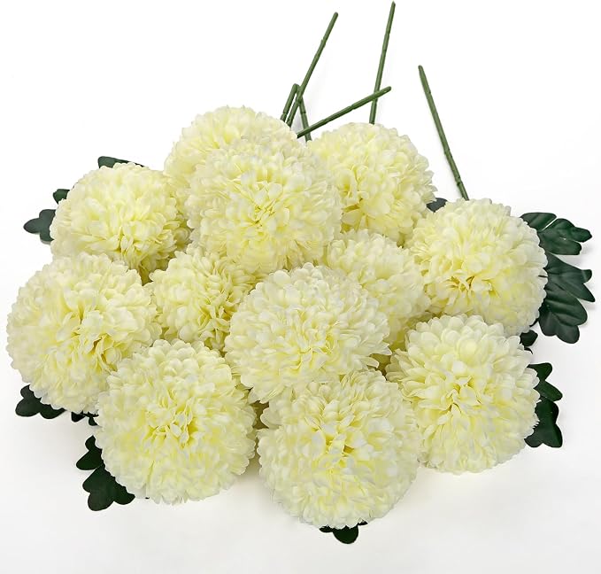 Briful 12 Pcs Artificial Cream White Chrysanthemum Stems – 11” Tall Silk Mums Flower Heads with Green Leaves, Flexible Stems for Fall Floral Pick Arrangements, Home, Wedding & Seasonal Decorations