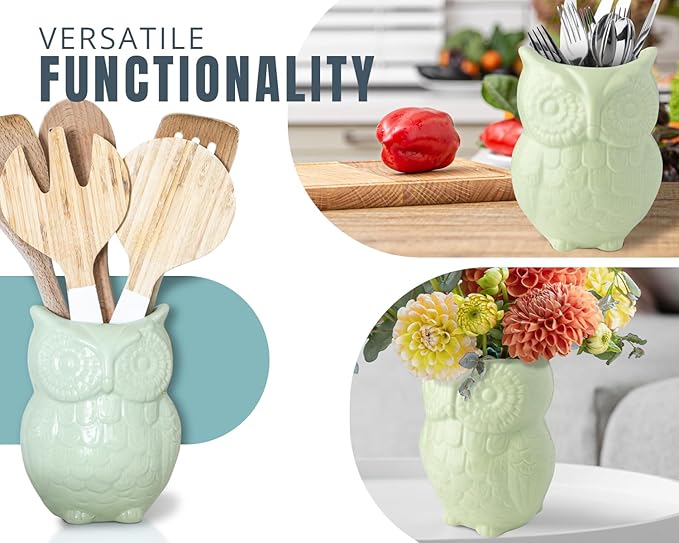 Comfify Owl Utensil Holder Decorative Ceramic Cookware Crock & Organizer, in Lovely Green Color - Utensil Caddy and Perfect Kitchen Ceramic Decor Gift - 5” x 7” x 4” Size