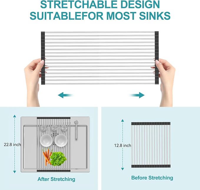 Extra Large Expandable Roll Up Dish Drying Rack,Over The Sink Drying Rack Sink Cover Kitchen Sink Accessories Kitchen Rolling up Stainless Steel Drainer, Foldable,Rollable（Black，22.8''-12.4''）