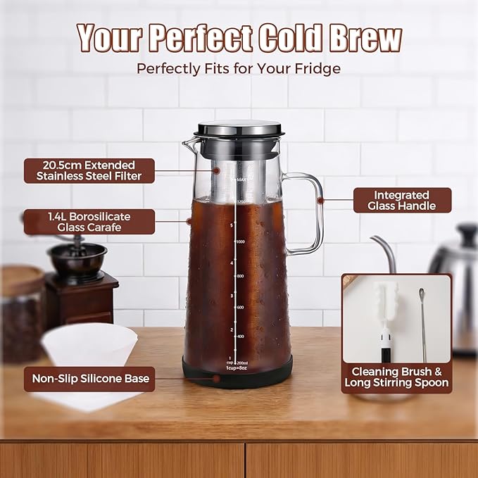 Cold Brew Coffee Maker 1.4L/48oz with Handle, Extended Stainless Steel Filter for Deep Extraction, Iced Tea Pitcher with Non-Slip Base Includes Cleaning Brush & Long Stirring Spoon