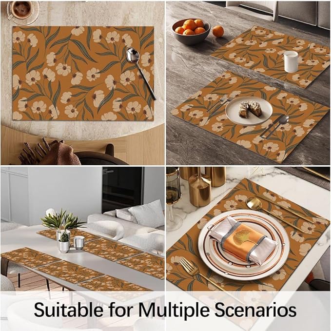 Boho Wildflowers Placemats Set of 6 Rustic Nature Plant Washable Heat Resistant Place Mats for Dining Table Vintage Nature Cottagecore Linen Woven Wipeable Kitchen Table Mats Orange