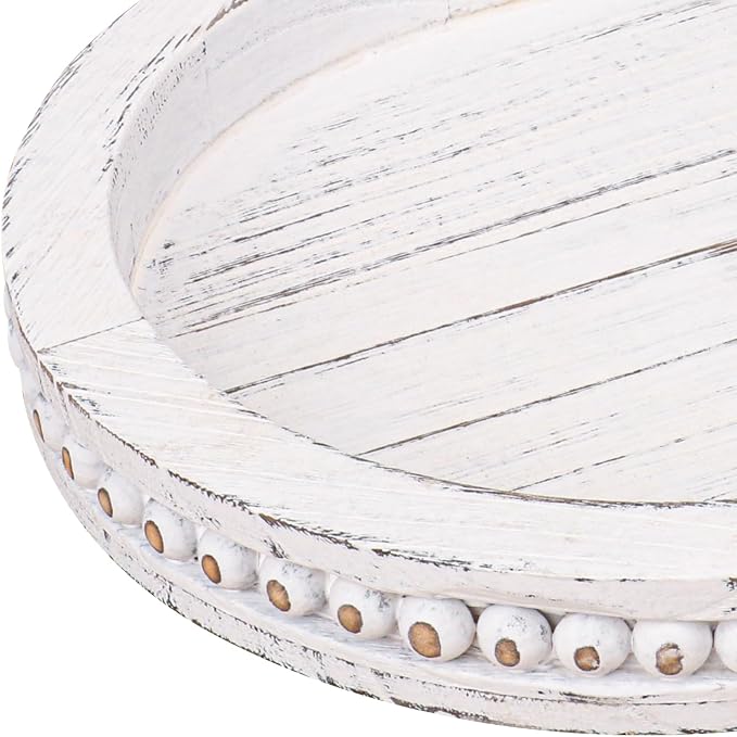 15.15 Inch Decorative Wood Serving Oval Tray - Artistic White Washed Bead Oval Trays, Rustic Wooden Oval Trays for Coffee Table, Living Room, and Dining Room Decor, Organizer