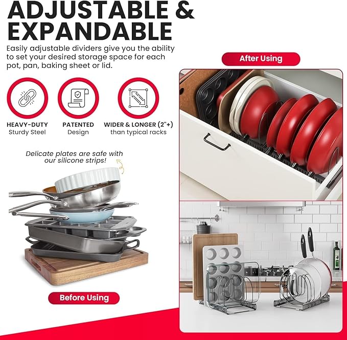 Better Things Home 12 Adjustable Dividers, Pan Pot & Bakeware Rack, Anti-Scratch Silicone Protection, Expand or Separate, Cabinet Countertop Pantry Organizer Rack (Large 8" W, Dark Grey)