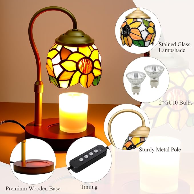 Candle Warmer Lamp - Electric Candle Lamps Timer Dimmer, Sunflower Tiffany Style Stained Glass Candle Warming Lamp Compatible with Jar Candles Valentine Birthday Gifts for Mom Friend Wax Melt Warmer
