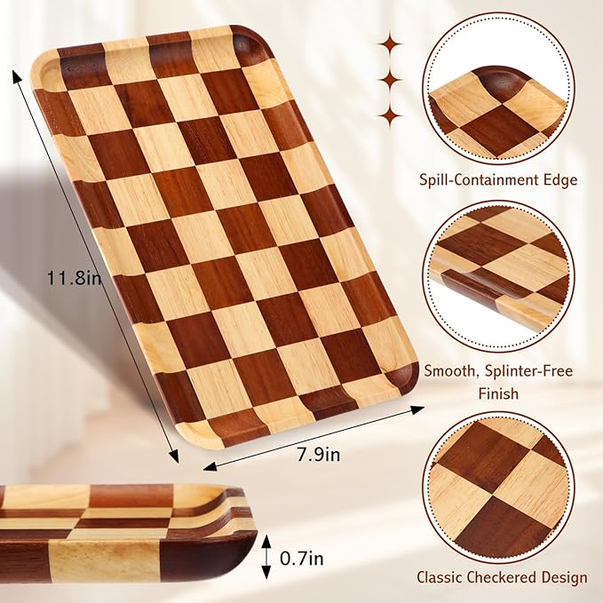 Threehoney Medium Acacia Wood Checkered Serving Tray 11.8" x 7.9" x 0.7" Rectangular Decorative Wooden Tray Wood Modern Serving Platter Kitchen Gift for Food Snack Coffee Table Decor