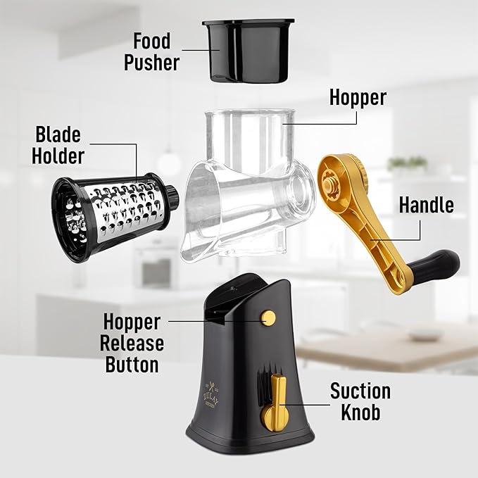 Zulay Kitchen Rotary Cheese Grater 5 Blade Cheese Shredder - Manual Hand Crank Cheese Grater With Reinforced Suction & 5 Interchangeable Drums - Easy to Use, Vegetable Chopper Round Mandoline Slicer