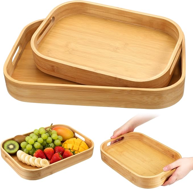 2 Pack Bamboo Serving Trays with Handles, 15.7" L x 11" W /13" L x 9.6" W, Arc Angles Solid Bamboo Serving Tray, Portable Decorative Tray for Kitchen Counter Eating Food Tea Coffee Bar Parties