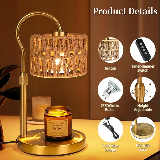 Candle Warmer Lamp,Adjustable Height with 2 Bulbs，Boho Rattan Candle Lamp with Dimmer & Timer, Flameless Fragrance Diffuser for Scented Wax Melts, Mothers Day and Birthday Gifts for Home, Office