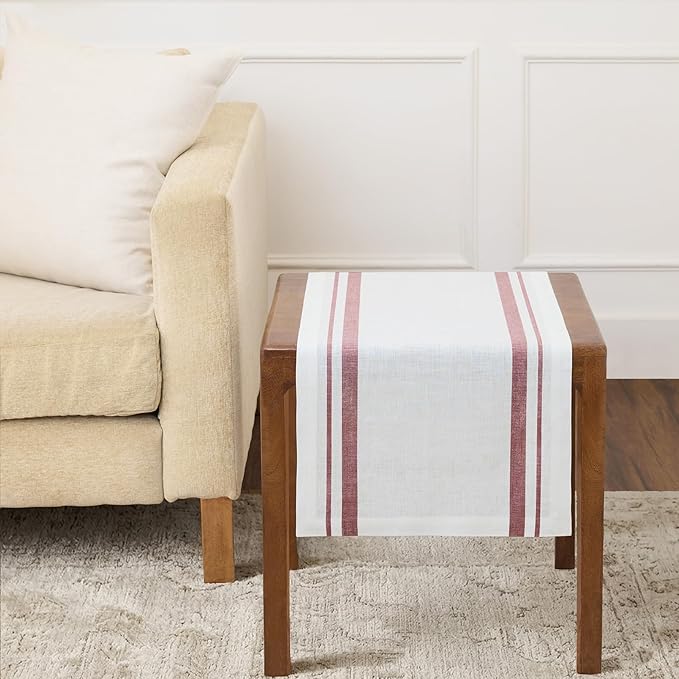 Solino Home Striped Linen Table Runner 36 Inches - 100% Pure Linen Burgundy and White French Stripe Small Table Runner 14 x 36 Inch Ideal for Dresser and Coffee Tables