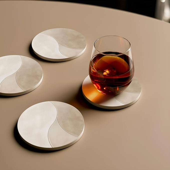 VEYRO Ceramic Coasters Set of 6 – Absorbent Stone Drink Coasters with Holder, Non-Slip Cork Backing, Modern Marble Look Coasters for Coffee Table, Desk & Home Decor
