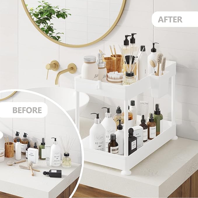 Under Sink Organizers and Storage | Bathroom Cabinet Organizer, Sink Shelf with Utility Hooks and Side Caddy for Under Cabinet Storage | White (1-Pack) Non Slip Grip Under Kitchen Sink Organizer