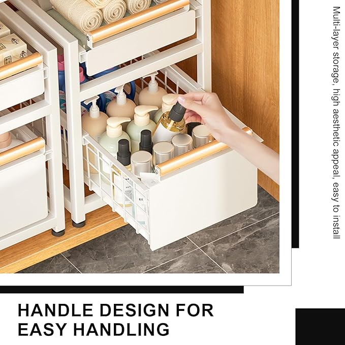 2 Tier Pull-out Storage Organizer, Slide Out Kitchen Cabinet Storage Sliding Shelves, Under Sink Organizers Drawer, Mesh Cabinet Basket with Handle for Bathroom, Home(Gray,Double Layer L)