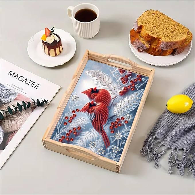 DIY Diamond Serving Tray with Handle Handmade Diamond Art Painting Wooden Rectangular Breakfast Tray for Dinner Plate Coffee Room Living Home Organizer-Cardinal02