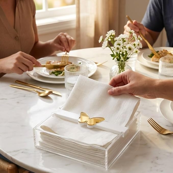 Butterfly Napkin Holder, Single Piece, Clear White Acrylic Square Paper Dispenser for Kitchen Countertop Dining Table Serving Tray, Modern Home Decor Organizer Gift Parties and Everyday Use