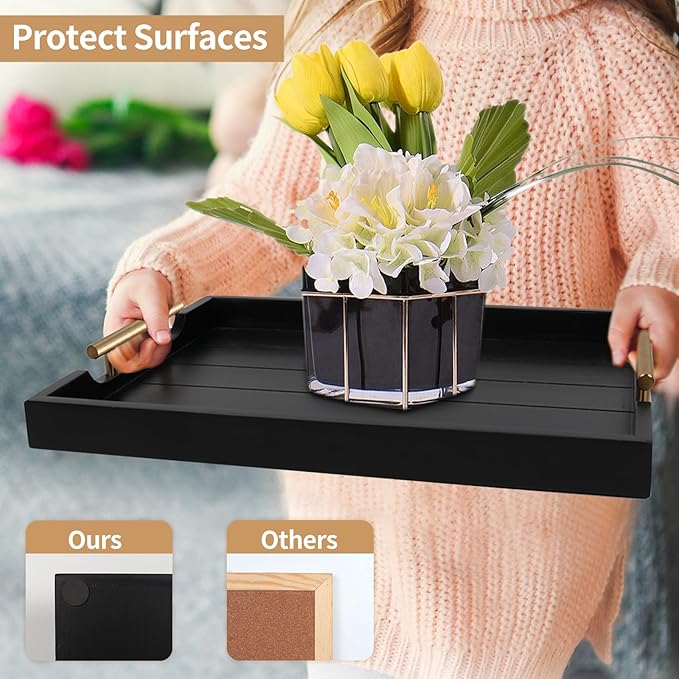 SXNOWS Coffee Table Trays - Large Ottoman Tray for Living Room -Wood Serving Tray with 2 Sets of Handles - Wooden Tray for Coffee Table, 4 Round Coasters Included, Black