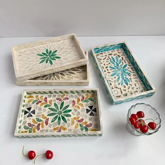 Mother of Pearl Inlay Wooden Tray – Handmade Decorative Rectangle Serving Tray for Coffee Table, Kitchen, Bathroom, Vanity or Living Room Decor (Vintage Hearts)