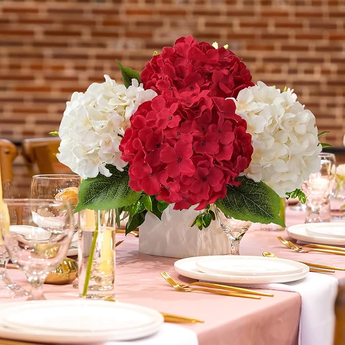 JINWOE 5Pcs Red Silk Hydrangea Artificial Flowers, 20Inch Large Halloween Christmas Lifelike Flowers for Indoor Bouquet Table Centerpieces Floral Arrangements Home Wedding Home