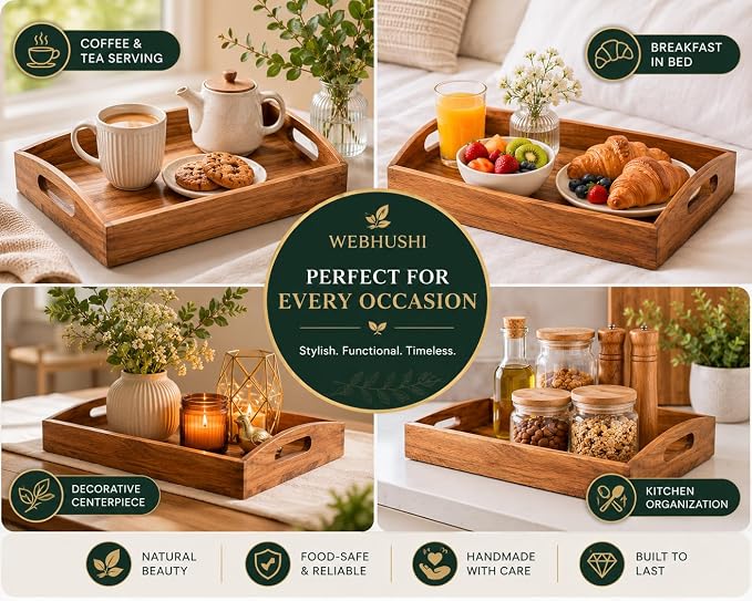 Acacia Wood Serving Tray - 12 Inch Wooden Tray with Natural Food-Safe PU Coating, Brown
