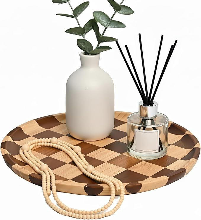 MSJGA 11 Inches Round Wooden Serving Trays Decorative Candle Plate Holder with Unique Checkered Design for Home Decor, Coffee Table, Dining Table, Kitchen Island