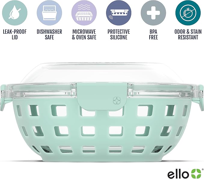 Ello DuraGlass Food Storage Glass Lunch Bowl - Meal Prep Container with Silicone Sleeve and Airtight Lid, 5 Cup, Yucca