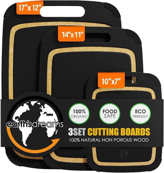 Earth's Dreams Composite Wood Cutting Board Set of 3 – Built In Juice Groove, Non-Toxic Cutting Boards for Kitchen – Large, Medium & Small Non-Slip Wood Charcuterie & Chopping Boards (Black/Tan)
