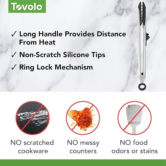 Tovolo Tongs With Silicone Tips Easy Grip 13” Long Kitchen Tongs Stainless Steel Handle For Cooking BBQ, Non Scratch Heat Resistant Locking Metal Silicone Tipped Dishwasher Safe BPA Free, Black