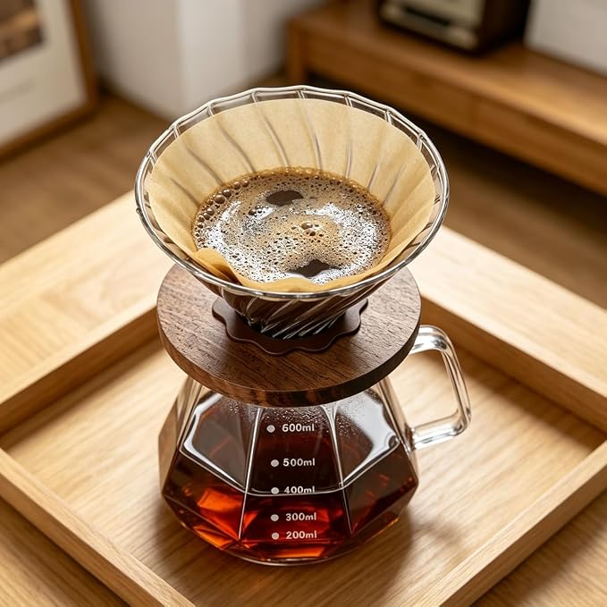 BeeCa Manual pour over coffee maker, Heat Resistant Glass | 20Oz+50 Filters 1-4 Cup, No plastic taste, Crystal clear glass, Dishwasher safe, Borosilicate glass