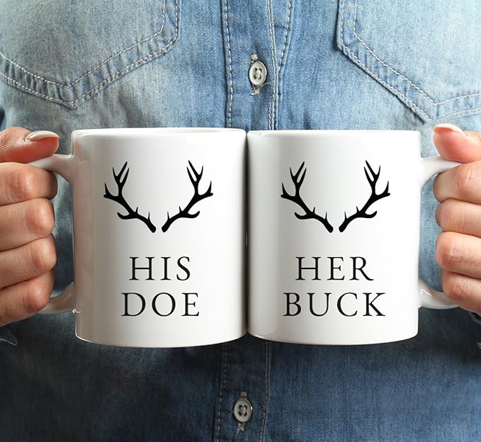 Andaz Press 11oz. Ceramic Ceramic Valentines Day Coffee Mugs Wedding Anniversary Couples Gift Set, His Doe, Her Buck, Deer Antlers Graphic, 2-Pack, Long Distance Gift Ideas
