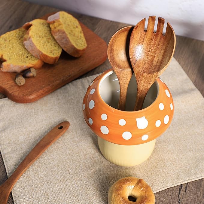 Mushroom Shaped Ceramic Kitchen Utensil Holder, Large Cooking Utensil Crocks for Kitchen Countertop, Ceramic Utensil Organizer for Spatula, Kitchen, Home Decoration-Brown