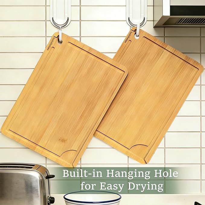 Cutting Boards for Kitchen,Bamboo Cutting Board Set of 2, Large and X-Large Carbonized Chopping Boards with Deep Juice Grooves and Handles for Meat, Bread, Dough Kneading and Cheese