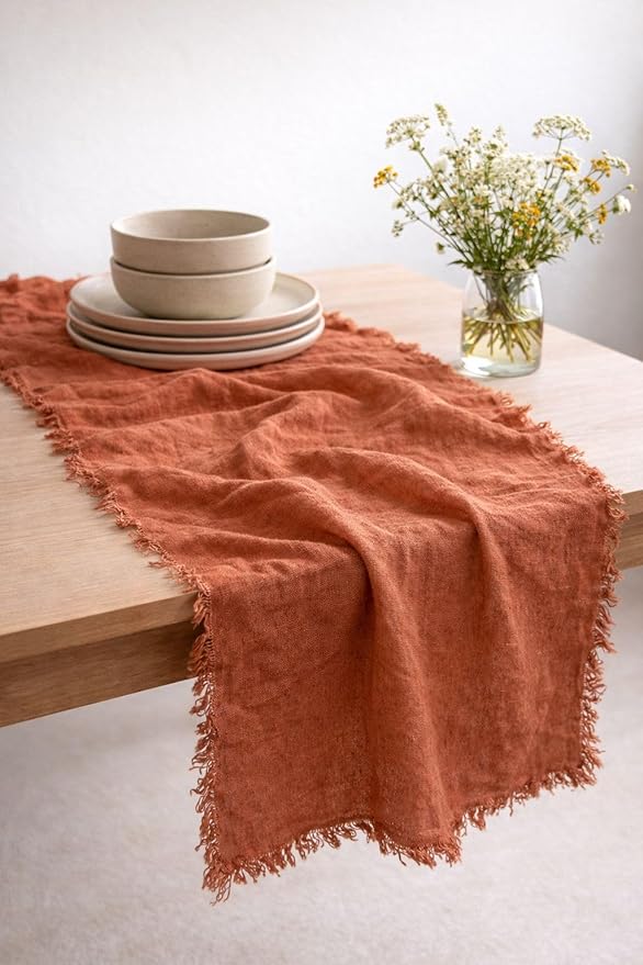 Table Runner , Linen, Moss Green Brown, Farmhouse Rustic Boho Style, for Dining Table, Kitchen, and Coffee Table Decor (Moss Green Brown, 14 x 66 Inch)