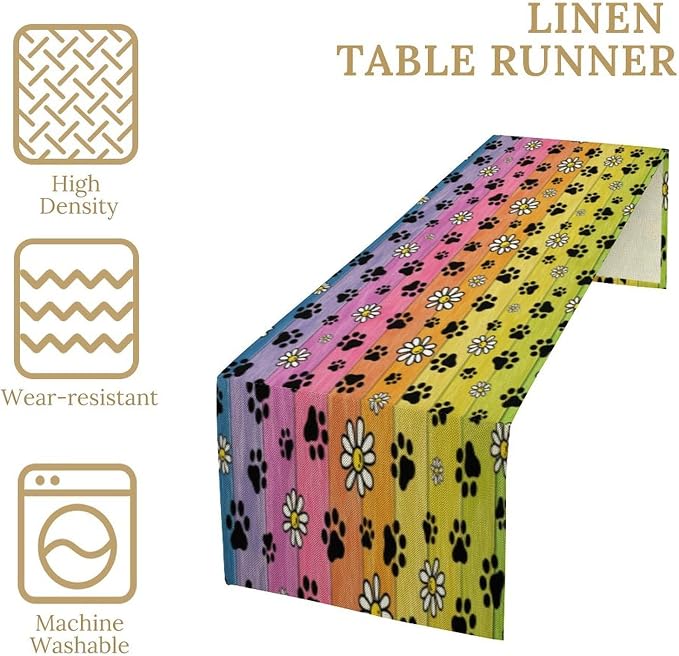 Paw Print Table Runner, Cartoon Vintage Rustic Colourful Wooden Board Flower Cute Dog Paw Prints Table Decor Table Top Dining Kitchen Wedding Party 13x70 in