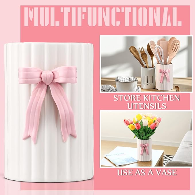 LemonRoad Pink Bow Ceramic Utensil Holder 3D Coquette Handmade Pink Kitchen Decor Gifts Cooking Utensil Crock with Scalloped Preppy Caddy Pen Holder Vase Graduation Gift for College Students