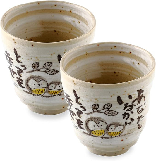Authentic MIno Ware Japanese Tea Cups Yunomi Mug, Japanese Poem Owl Design Gray Lucky Charms, Ceramics 6.4 fl.oz Set of 2