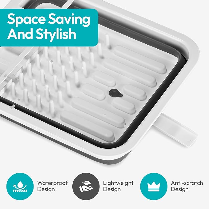 Masirs Pop-Up Collapsible Dish Drying Rack - Convenient Storage - Drains into Sink - Eight Large Plate Capacity - Sectional Cutlery and Utensil Compartment - Compact & Portable Design (12 x 14.4 Inch)