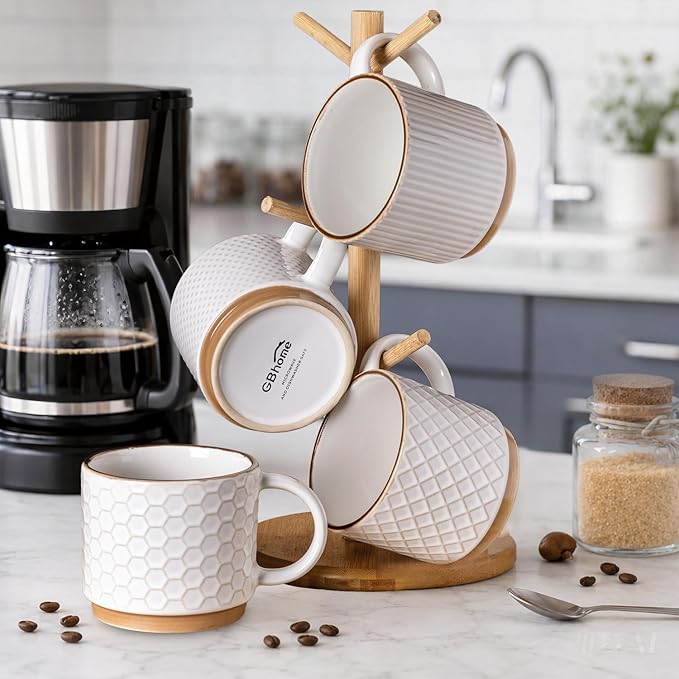 GBhome 15OZ Stackable Coffee Mugs, Ceramic Coffee Mugs with Texture Patterns for Man,Woman,Dad,Mom, Modern Coffee Mugs Set of 4 for Latte/Cappuccino/Cocoa. Dishwasher&Microwave Safe, Off White
