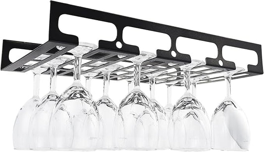 41cm/16in Modern Metal Wine Glass Holder - Under Cabinet Stemware Hanging Rack - Wine Glass Storage Organizer Rack, 4 Row (Color : Black)