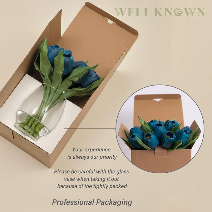 WELL KNOWN 12 Pcs Fake Tulips Artificial Flowers in Vase with Faux Water, Foam Tulip Flower Arrangement with Vase for Home Office Decor, Dining Table Wedding Centerpiece & Mom's Gift (Peacock Blue)